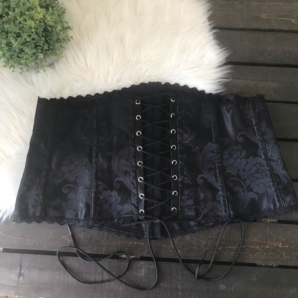 Frederick's Of Hollywood Black Jacquard Floral Lace Up Corset Bustier Top
